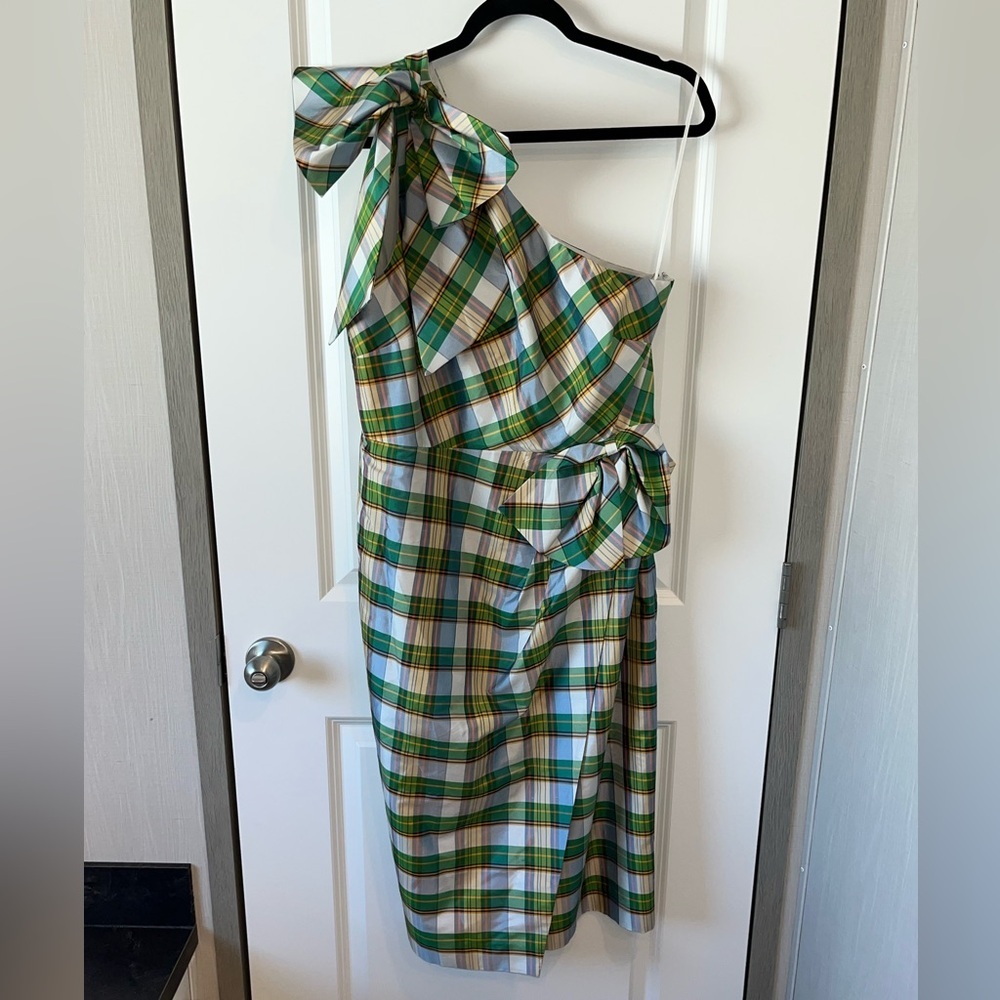 J Crew One Shoulder Sheath Dress Bow Faux Wrap Plaid Silk Blend Size 12 - Picture 2 of 7